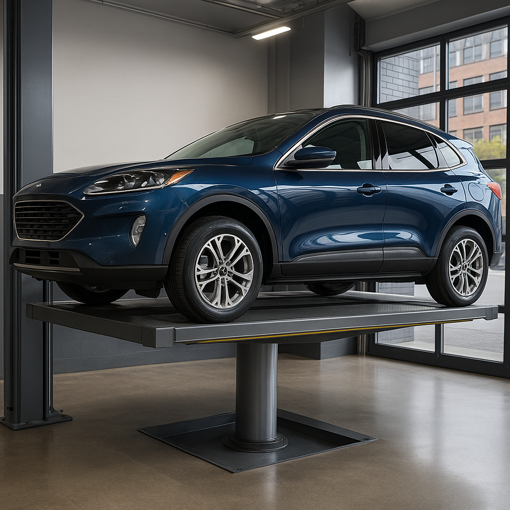 Elevador de autos moderno en funcionamiento dentro de un estacionamiento