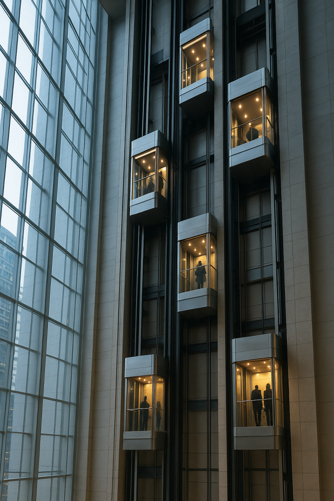 Interior de rascacielos mostrando varios elevadores en operación