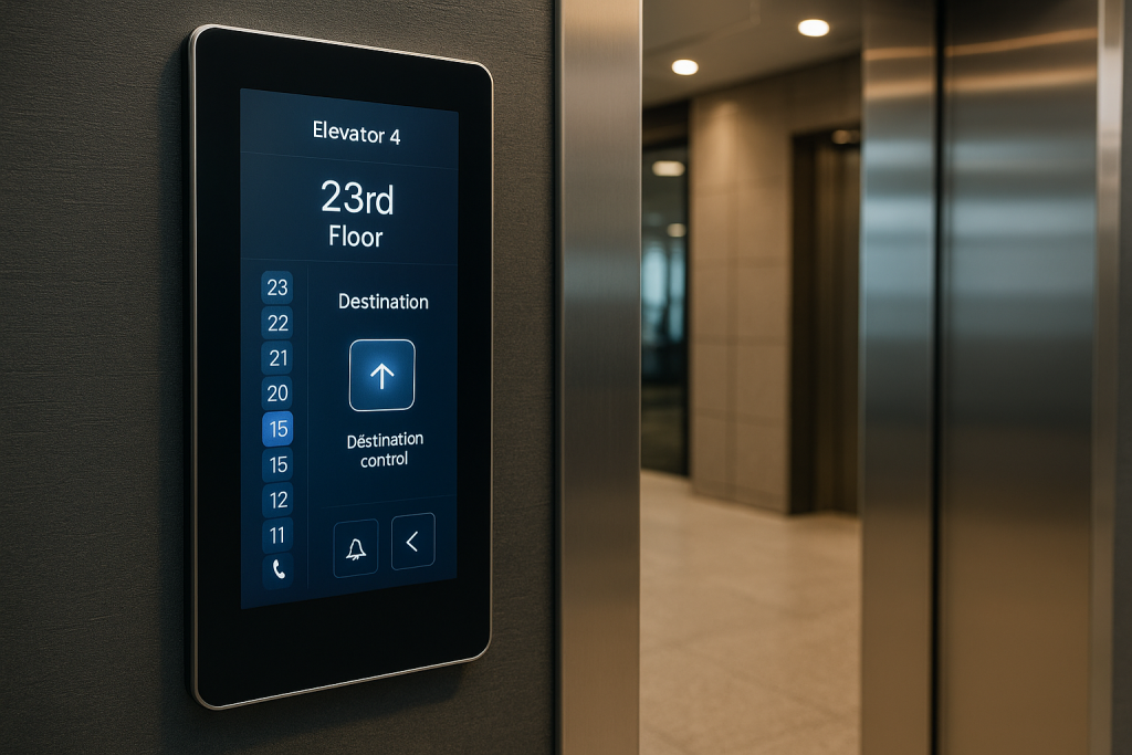 Panel inteligente de control de elevadores en edificio empresarial