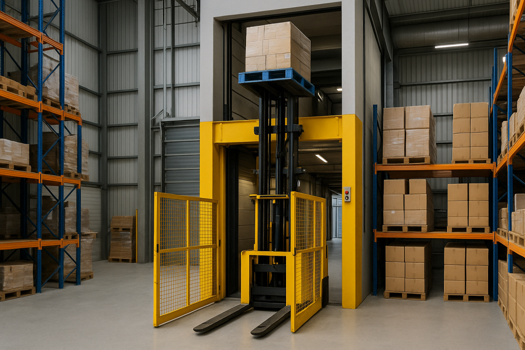 Interior de un almacén industrial con un elevador montacargas en funcionamiento