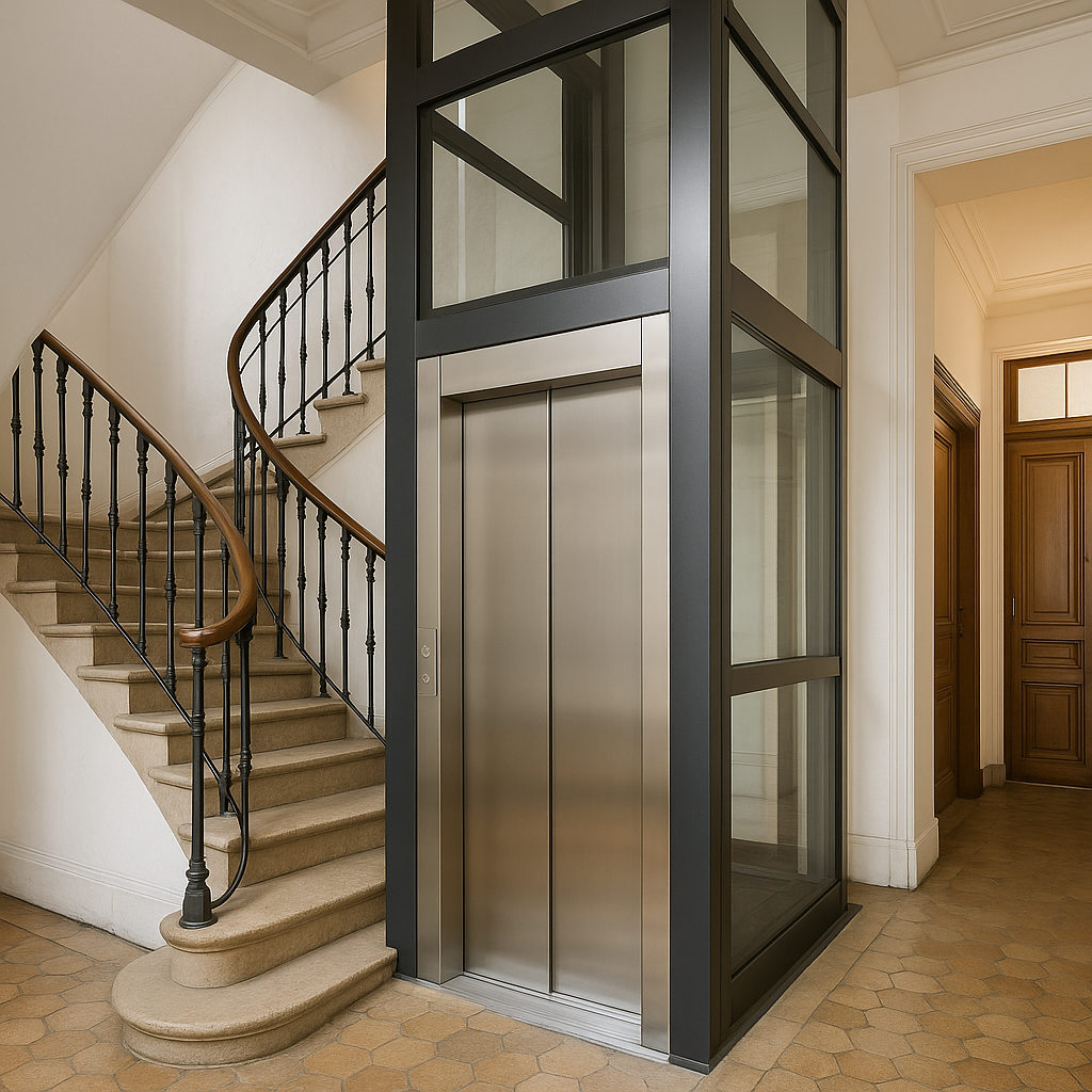 Elevador moderno de vidrio y metal instalado en un edificio antiguo junto a una escalera de piedra clásica