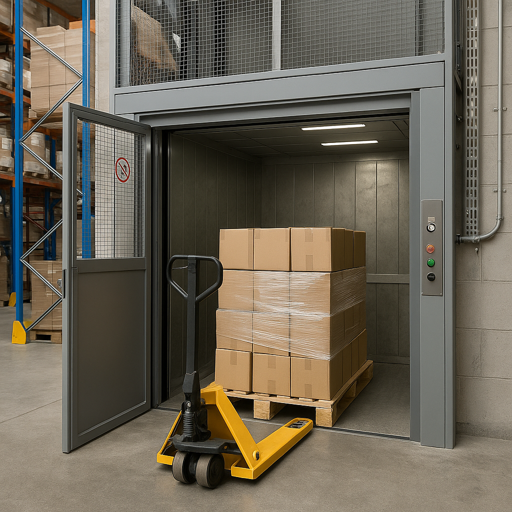 Elevador montacargas industrial transportando un pallet con cajas en un almacén moderno con estanterías metálicas y ambiente iluminado