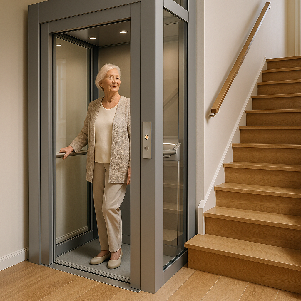 Mujer mayor utilizando un elevador residencial moderno de vidrio y metal en una casa acogedora con escalera de madera al costado