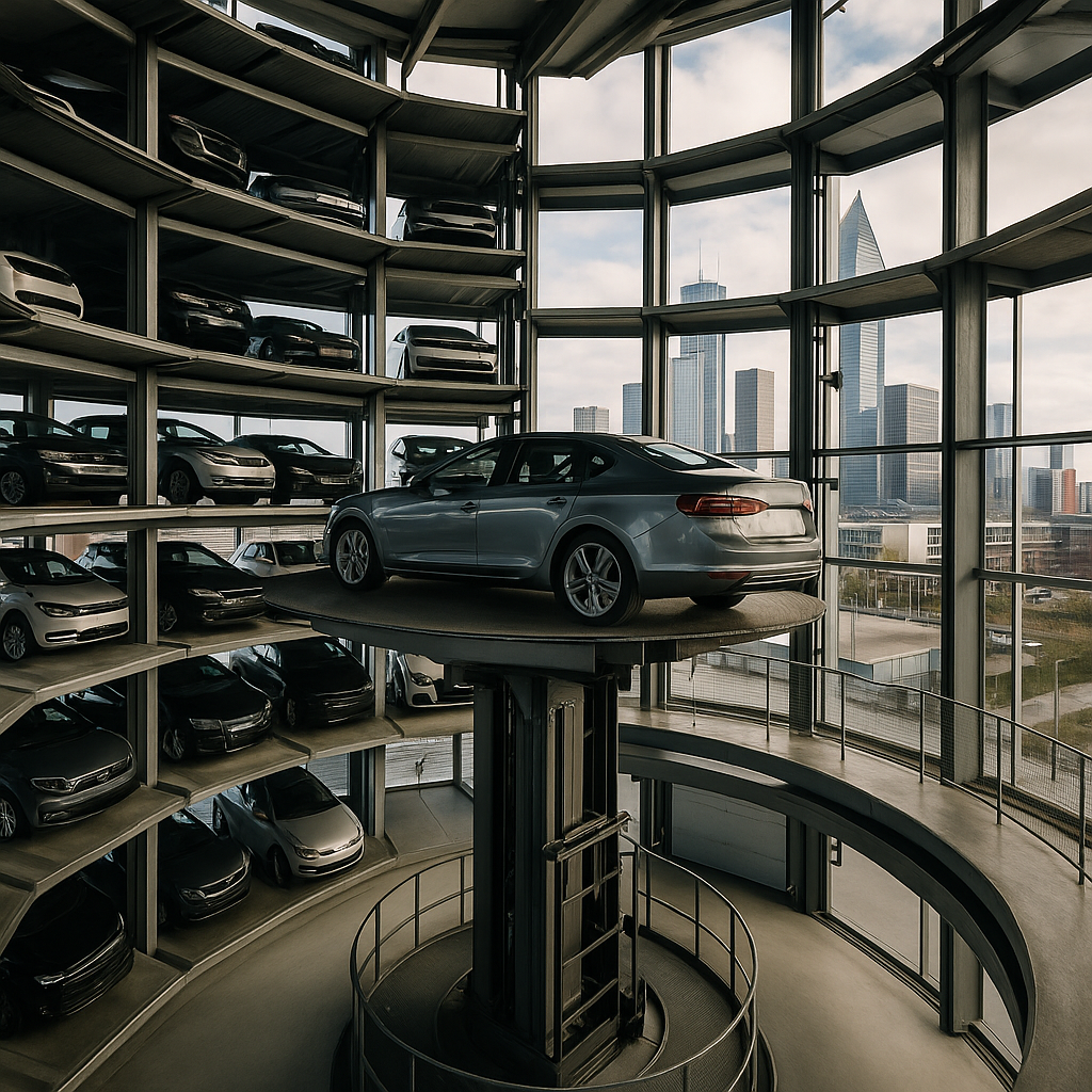 torre de estacionamiento automatizado moderno con autos organizados y vista urbana futurista
