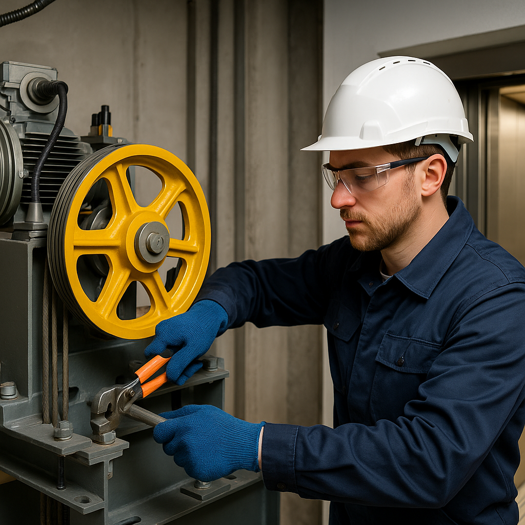 técnico profesional realizando mantenimiento a un elevador moderno en edificio