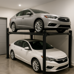 Elevador de doble plataforma para autos dentro de un garaje moderno con dos vehículos estacionados verticalmente