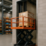 Elevador montacargas personalizado levantando carga pesada dentro de un almacén industrial moderno