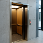 Elevador moderno en un edificio contemporáneo con cabina iluminada y diseño minimalista