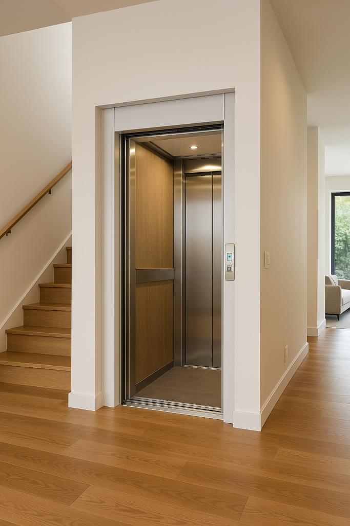 Elevador residencial moderno integrado en una casa con diseño elegante y cabina compacta
