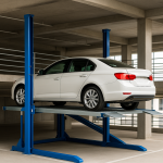 Elevador hidráulico moderno levantando un automóvil dentro de un taller mecánico bien iluminado