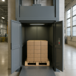 Elevador montacargas moderno elevando un pallet dentro de una planta industrial iluminada