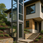 Elevador exterior instalado en una vivienda con desnivel, con cabina panorámica y estructura moderna