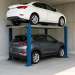 Sistema de elevadores de auto en un estacionamiento moderno con dos vehículos en plataformas elevadas