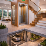 Elevador residencial ecológico de bajo consumo energético integrado en proyecto arquitectónico sostenible moderno