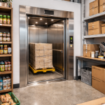 Montacargas eléctrico compacto instalado en comercio con bodega pequeña para transporte vertical de mercancías