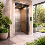 Elevador ecológico de tracción sin aceite instalado en edificio moderno con diseño sostenible y alta eficiencia energética