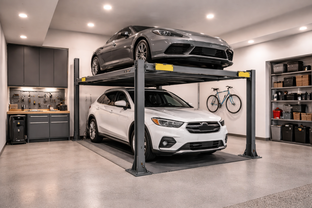 Elevador para autos residencial en cochera particular elevando vehículo en garaje moderno con espacio optimizado