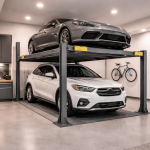 Elevador para autos residencial en cochera particular elevando vehículo en garaje moderno con espacio optimizado