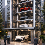 Sistema de estacionamiento automático vertical para edificios urbanos con plataformas elevadoras y estructura metálica moderna