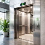 Elevador ecológico de bajo consumo instalado en edificio comercial moderno con sistemas eficientes y diseño sostenible