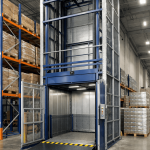 Elevador montacargas industrial instalado en nave logística mostrando estructura vertical para carga pesada