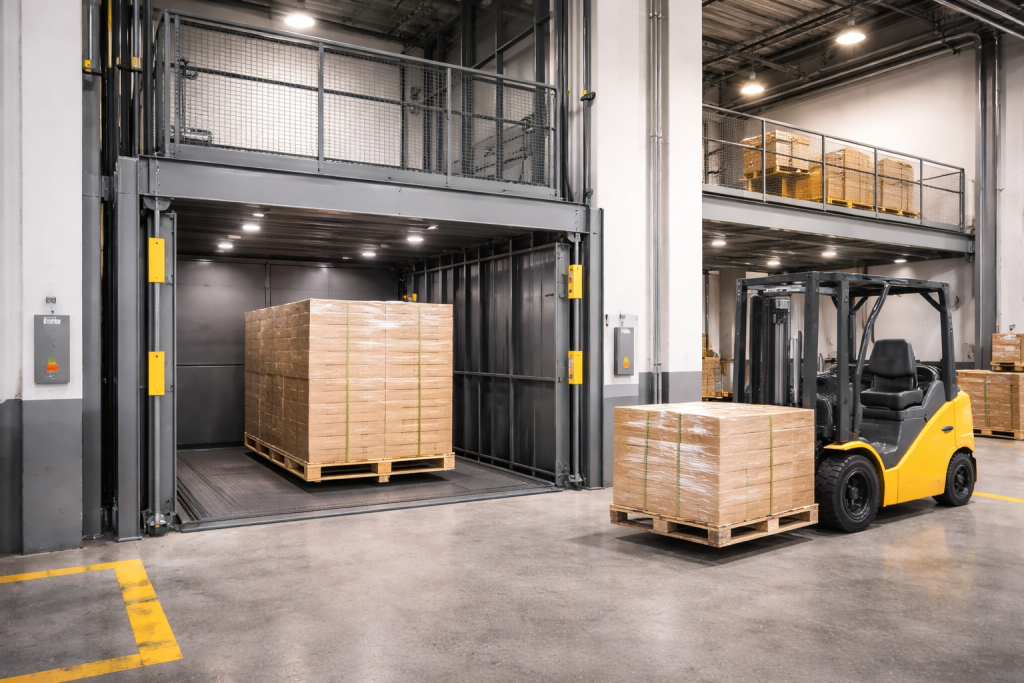 Elevador montacargas industrial según tipo de carga y espacio disponible operando en almacén con pallets y mercancía pesada