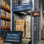 Montacargas industrial de carga en bodega logística calculando capacidad ideal según peso real y volumen de mercancía.
