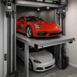 Elevador silencioso para autos en estacionamiento residencial con sistema de elevación avanzada y funcionamiento sin vibraciones.