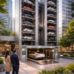 Estacionamiento vertical inteligente con torres automatizadas integrado a entorno urbano moderno y edificios de alta densidad