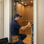 Técnico realizando mantenimiento preventivo de elevador residencial moderno en vivienda unifamiliar