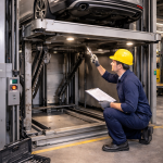 Elevador para autos en estacionamiento con técnico realizando mantenimiento preventivo y revisión de sistemas mecánicos