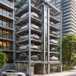 Estructura metálica de alta ingeniería de sistemas de estacionamiento vertical para edificios residenciales en un entorno moderno.