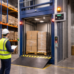 Elevador montacargas industrial operando con carga pesada y sistemas de seguridad visibles en entorno logístico