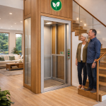 Elevador residencial compacto de bajo consumo energético instalado en vivienda moderna de varios niveles