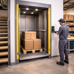 Montacargas compacto industrial instalado en taller con carga ligera operando en espacio reducido y entorno de almacén