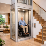 Elevador residencial para personas con movilidad reducida instalado en vivienda moderna de dos niveles