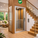 Elevador doméstico ecológico de bajo consumo energético instalado en vivienda moderna con diseño sostenible