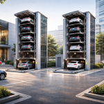 Torres de estacionamiento para hospitales y centros comerciales en zona urbana con edificios modernos y vehículos apilados