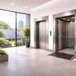 elevadores eficientes para reducir consumo eléctrico en edificios modernos con luz natural, vegetación interior y panel solar visible