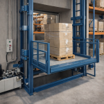 Elevador montacargas hidráulico industrial en almacén con plataforma de carga y sistema hidráulico visible