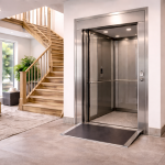 Elevador residencial sin foso instalado en vivienda moderna mostrando plataforma elevada junto a escalera interior