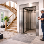 Elevador residencial moderno en vivienda de dos pisos con técnico inspeccionando instalación durante evaluación previa