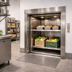 Montacargas para restaurantes y cocinas profesionales en área de servicio elevando bandejas y cajas de alimentos
