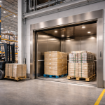 Elevador montacargas industrial en nave logística transportando pallets entre niveles con estructura metálica robusta