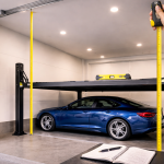 Elevador de autos residencial con cinta métrica y nivel midiendo altura libre en cochera moderna iluminada