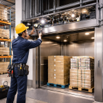 Técnico realizando mantenimiento preventivo de montacargas industrial en bodega con pallets y estructura metálica