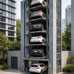 Torre de estacionamiento vertical para autos en edificio urbano con estructura metálica y vehículos apilados