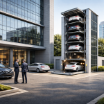 Estacionamiento mecánico en edificio corporativo con torre vertical y vehículos apilados en entorno empresarial moderno