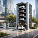 Sistema robótico de estacionamiento para smart cities con torre automatizada y entorno urbano futurista