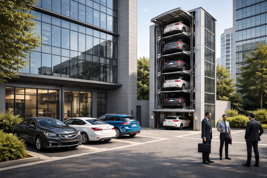 Sistema de estacionamiento vertical para empresas con torre automatizada y flota corporativa en edificio moderno